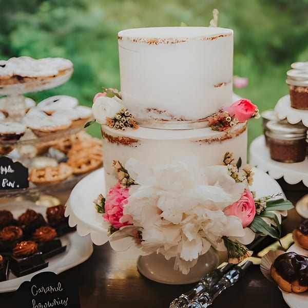 Two-tiered naked cake with white and pink flowers, surrounded by various pastries and desserts.