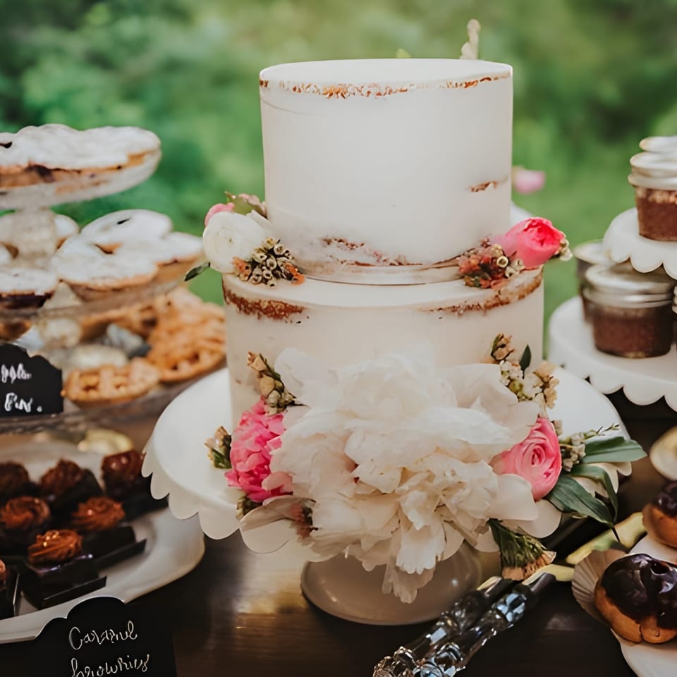 Two-tiered naked cake with white and pink flowers, surrounded by various pastries and desserts.