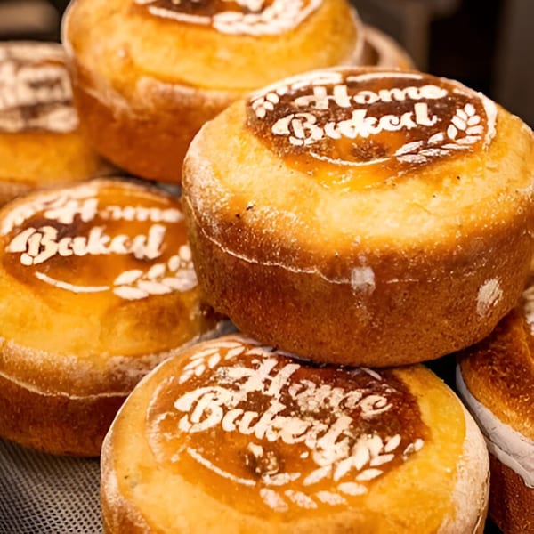Bonjour Bakery & Bistro's "Home Baked" bread loaves, golden brown with powdered sugar, stacked on a shelf.